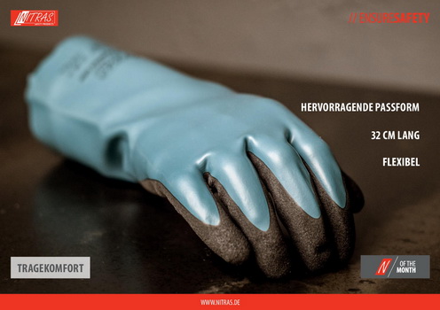 Der rutschfeste Schutzhandschuh aus Nitril und gesandetem Nitril ist 32 cm lang und für Lebensmittelkontakt geeignet. (Grafik © AS Arbeitsschutz GmbH)